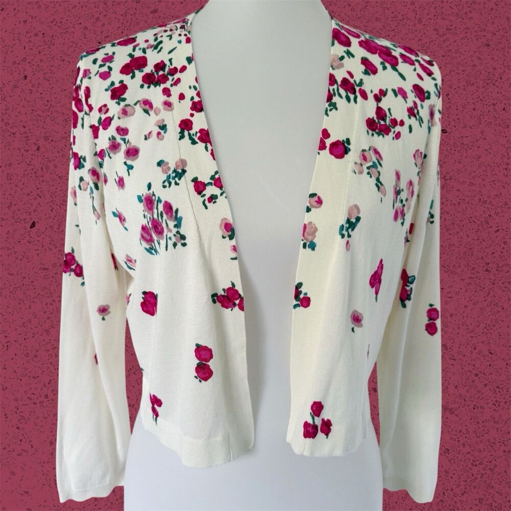 Talbots Open Shrug Cotton Modal Knit Cardigan M Floral Classic Preppy Travel Med